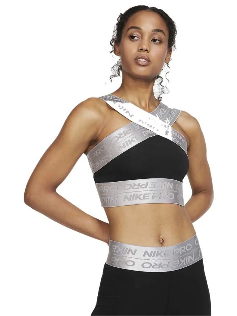 LIKE NEW | NIKE PRO Black Sports Bra with Silver Branded Cross Straps